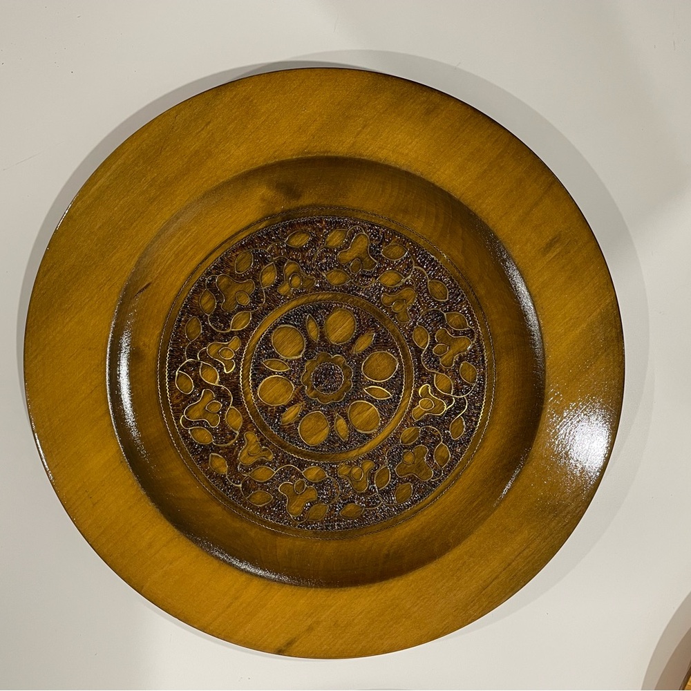 Dark Wood Vintage Plate with Brass Inlay. Made in Poland